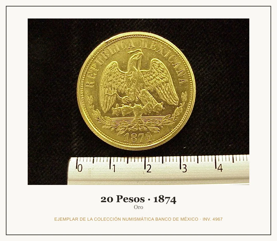 20 Pesos · 1874 — Ejemplar de la Colección Numismática Banco de México, inv. 4967