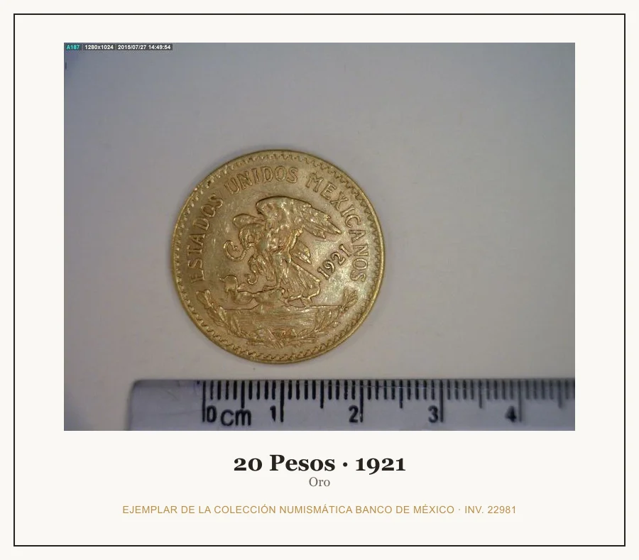 20 Pesos · 1921 — Ejemplar de la Colección Numismática Banco de México, inv. 22981