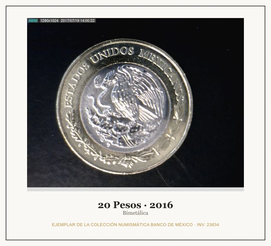 Moneda destacada de la serie Conmem 20 Pesos Quincuagesimo Aniversario Aplicacion Pla