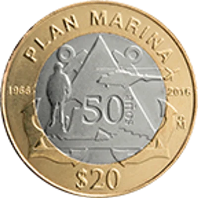 Moneda 20 pesos 50 aniversario de la aplicación del Plan Marina — reverso