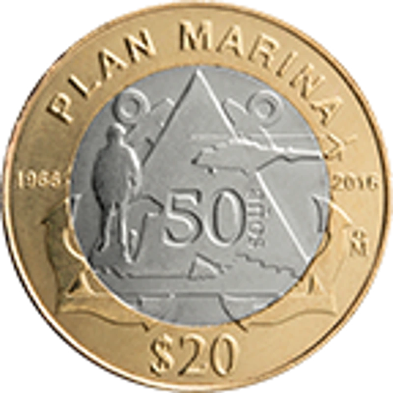 Moneda 20 pesos 50 aniversario de la aplicación del Plan Marina — reverso