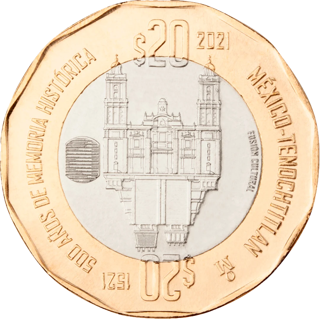 20 pesos Memoria Histórica de México-Tenochtitlan 2021. Catedral Metropolitana y Templo Mayor formando reflejo.