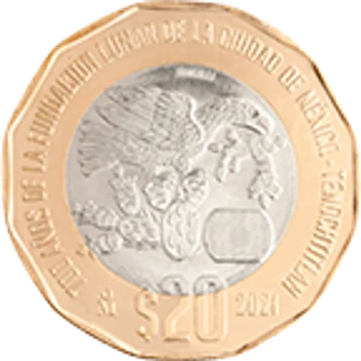 Moneda 20 pesos 700 años de la fundación lunar de la ciudad de México-Tenochtitlan — reverso