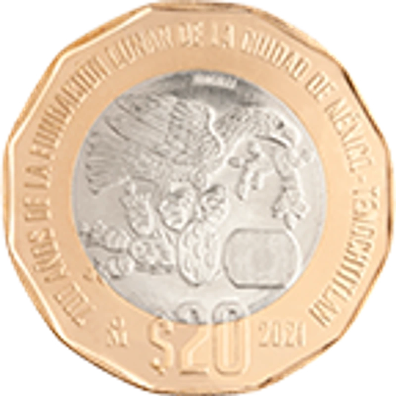 Moneda 20 pesos 700 años de la fundación lunar de la ciudad de México-Tenochtitlan — reverso