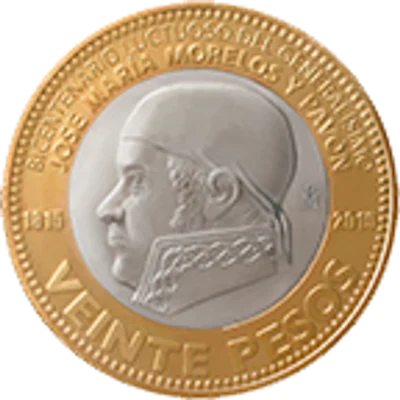 Moneda 20 pesos Bicentenario luctuoso del generalísimo José María Morelos y Pavón — reverso