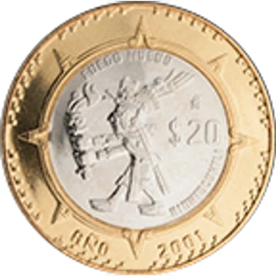 Reverso 20 pesos Señor del Fuego (Xiuhtecuhtli) cambio de milenio