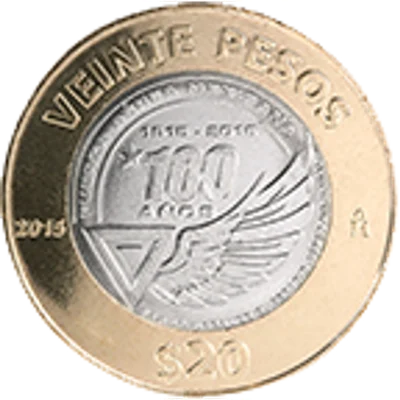 Moneda 20 pesos Centenario de la Fuerza Aérea Mexicana — reverso