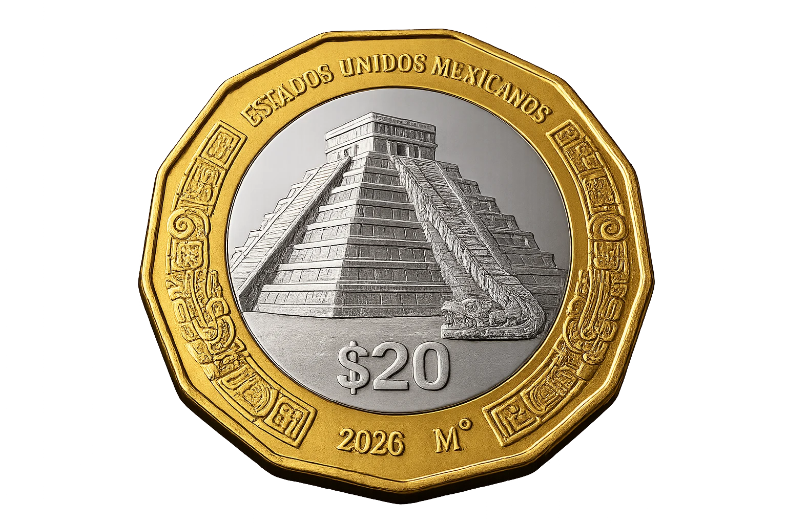 Reverso de la moneda de 20 pesos Kukulkán 2026, El Castillo de Chichén Itzá