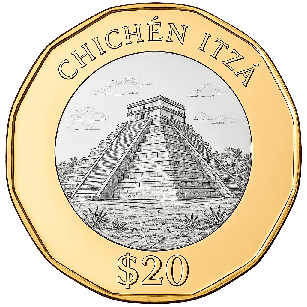Reverso de la moneda de 20 pesos inspirada en el templo de Kukulkán, Chichén Itzá