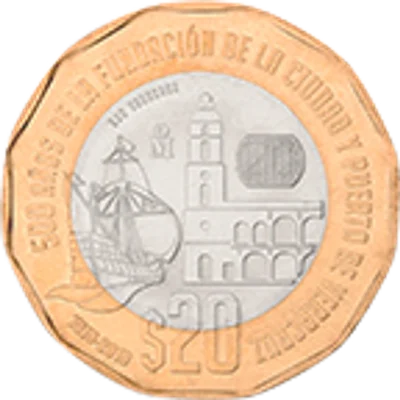 Moneda de 20 pesos, conmemorativa de los 500 años de la fundación de la ciudad y puerto de Veracruz, familia C1 — reverso