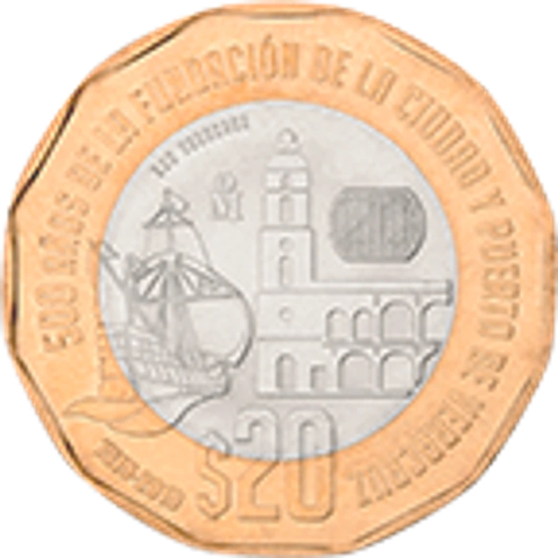 Moneda de 20 pesos, conmemorativa de los 500 años de la fundación de la ciudad y puerto de Veracruz, familia C1 — reverso