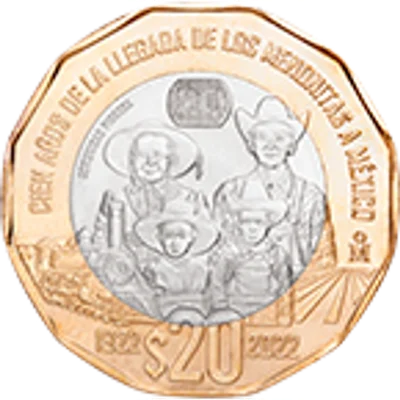 Moneda de 20 pesos, conmemorativa de los cien años de la llegada de los Menonitas a México, familia C1 — reverso