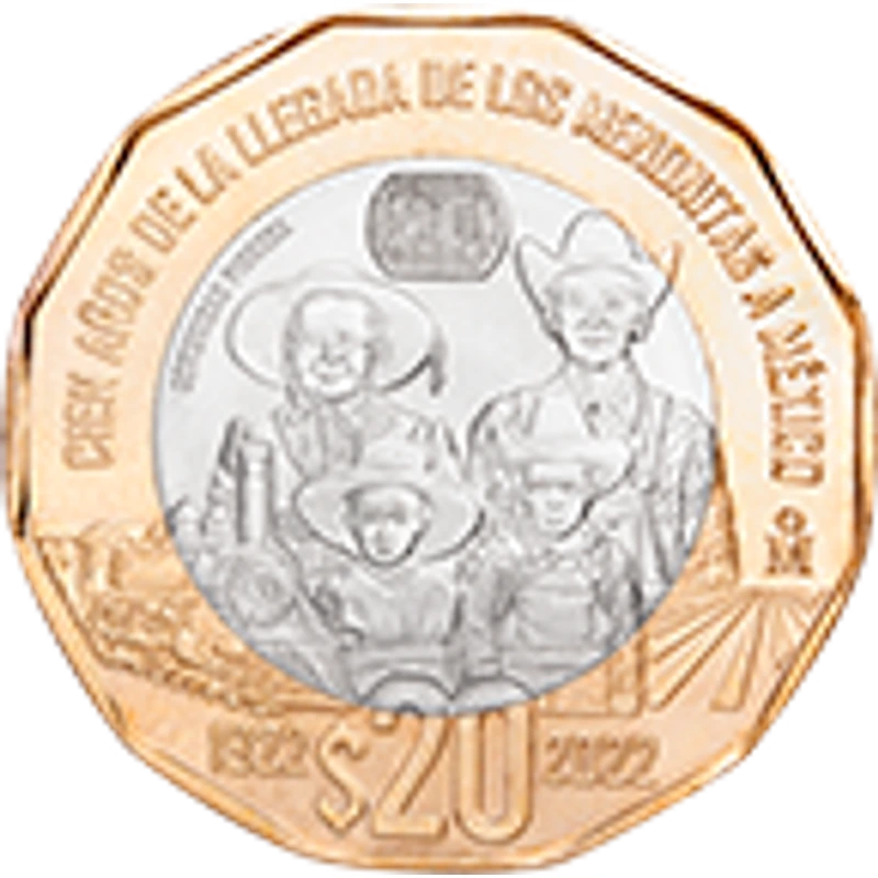 Moneda de 20 pesos, conmemorativa de los cien años de la llegada de los Menonitas a México, familia C1 — reverso