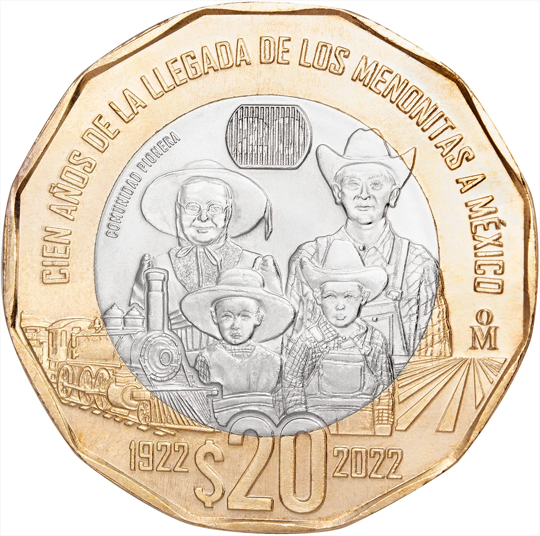 20 pesos Cien Años de la llegada de los Menonitas a México 2022. Familia menonita, ferrocarril y campo arado.