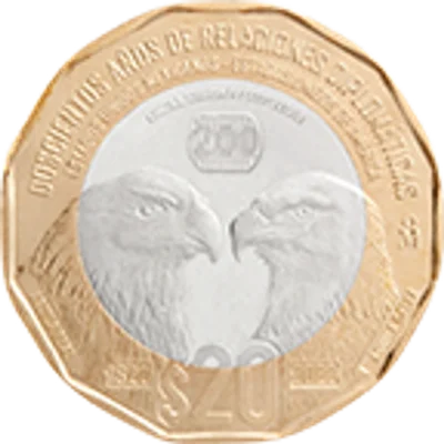 Moneda de 20 pesos, conmemorativa de los doscientos años de relaciones diplomáticas entre los Estados Unidos Mexicanos y los Estados Unidos de América, familia C1 — reverso