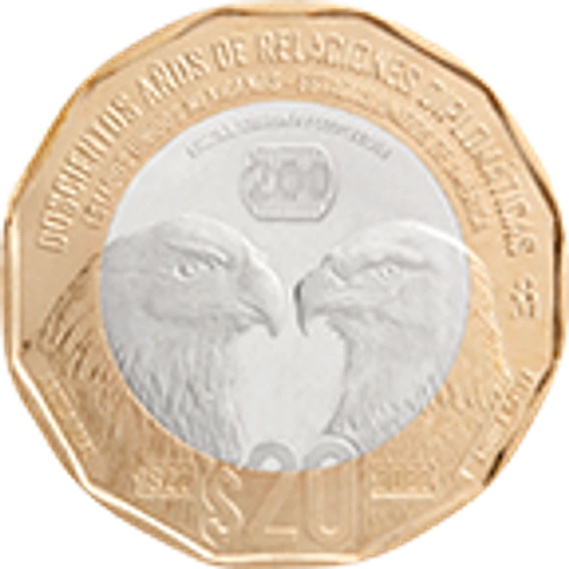 Moneda de 20 pesos, conmemorativa de los doscientos años de relaciones diplomáticas entre los Estados Unidos Mexicanos y los Estados Unidos de América, familia C1 — reverso