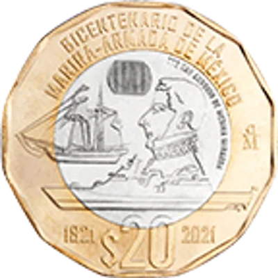 Moneda de 20 pesos, conmemorativa del bicentenario de la Marina-Armada de México, familia C1 — reverso