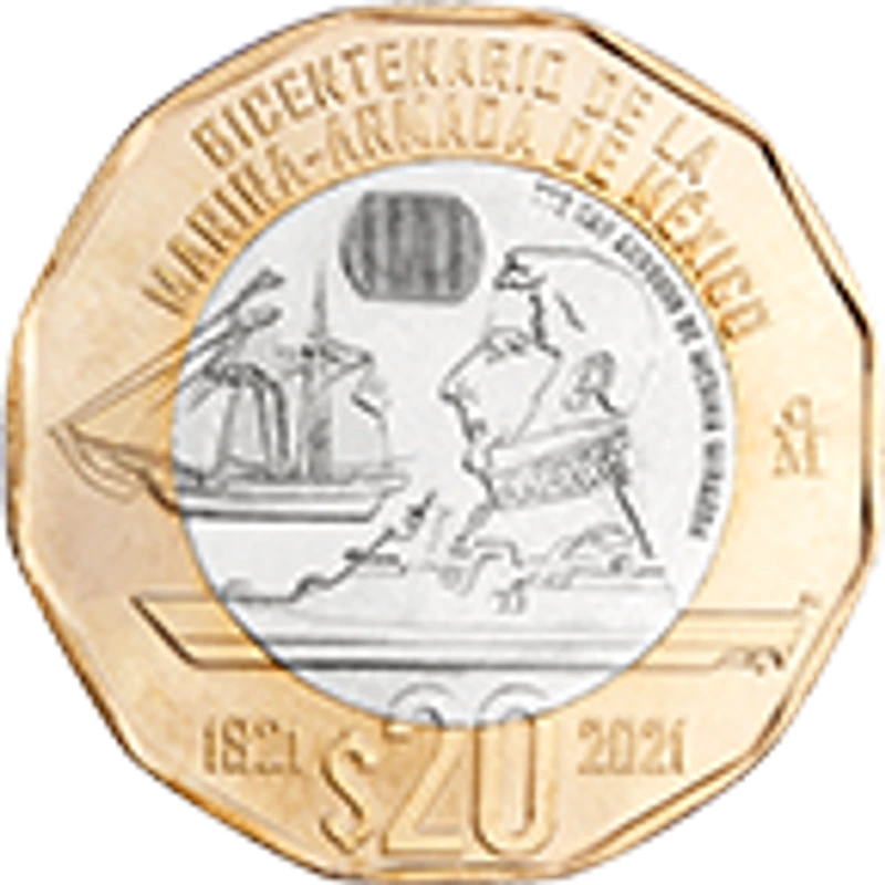 Moneda de 20 pesos, conmemorativa del bicentenario de la Marina-Armada de México, familia C1 — reverso