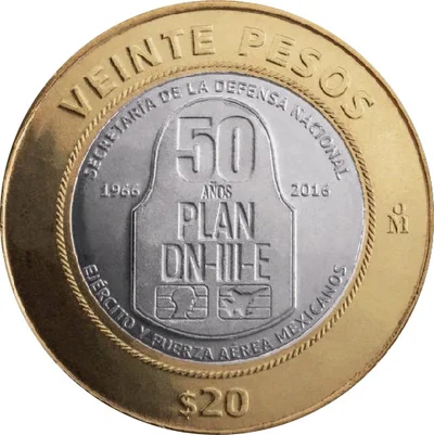 Reverso de moneda 20 pesos Conmemorativa del Quincuagésimo Aniversario de la aplicación del Plan DN-III-E 2017-2016, bimetálica