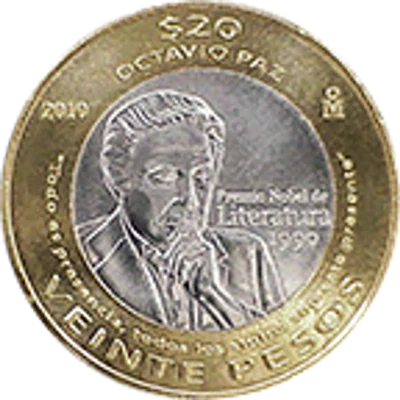 Moneda 20 pesos Vigésimo aniversario de la entrega del Premio Nobel de Literatura a Octavio Paz — reverso