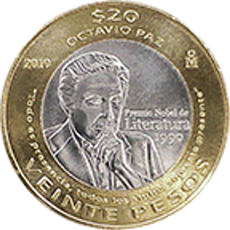 Moneda 20 pesos Vigésimo aniversario de la entrega del Premio Nobel de Literatura a Octavio Paz — reverso