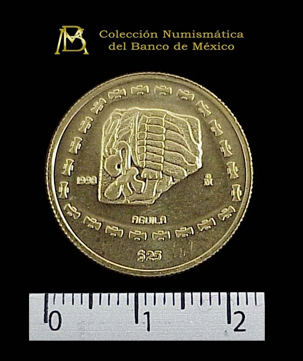 25 Pesos Precolombina, Colección Teotihuacán, serpiente emplumada. Una cuarto de onza 1998 Proof · Reverso