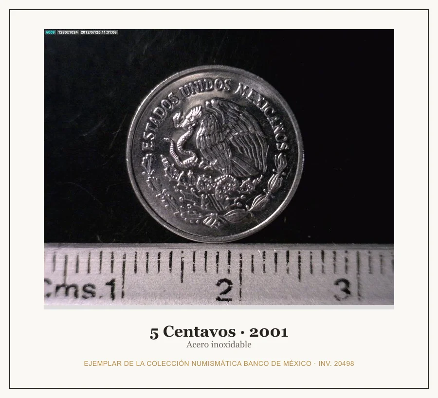 5 Centavos · 2001 — Ejemplar de la Colección Numismática Banco de México, inv. 20498