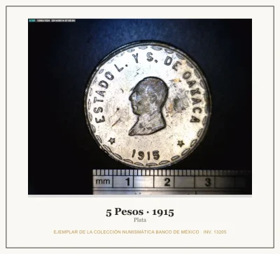5 Pesos · 1915 — Ejemplar de la Colección Numismática Banco de México, inv. 13205