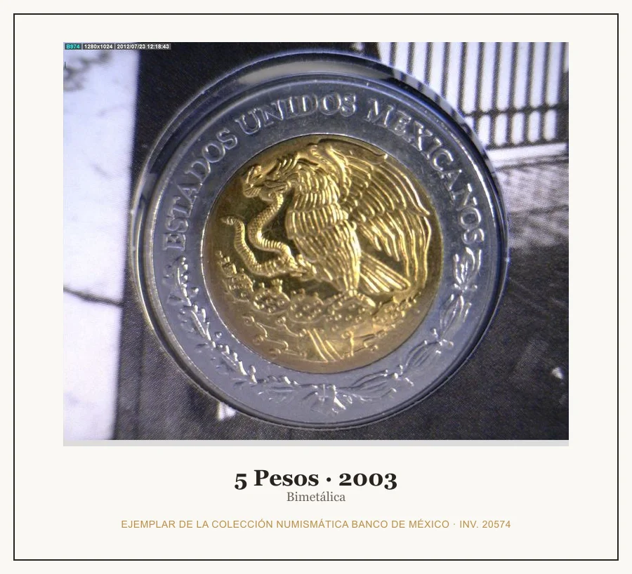 5 Pesos · 2003 — Ejemplar de la Colección Numismática Banco de México, inv. 20574
