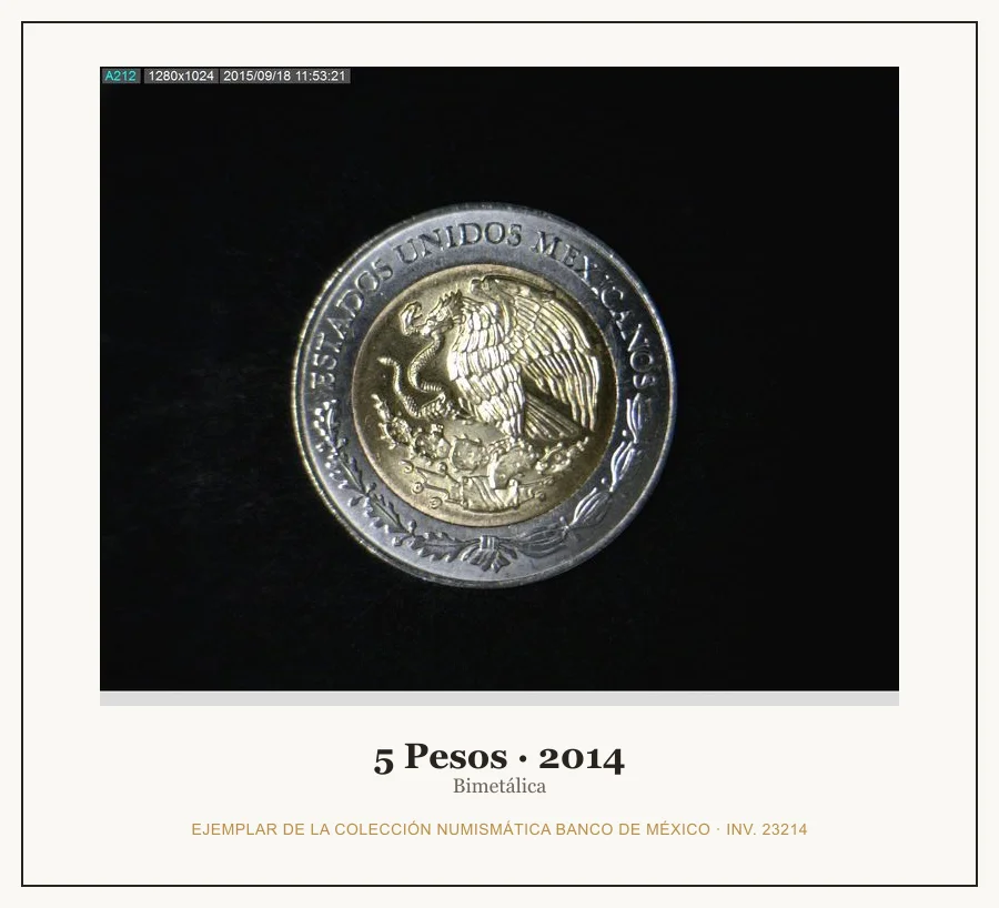 5 Pesos · 2014 — Ejemplar de la Colección Numismática Banco de México, inv. 23214