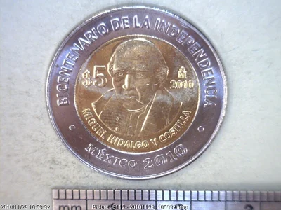 5 Pesos Bicentenario Miguel Hidalgo 2010 · Reverso