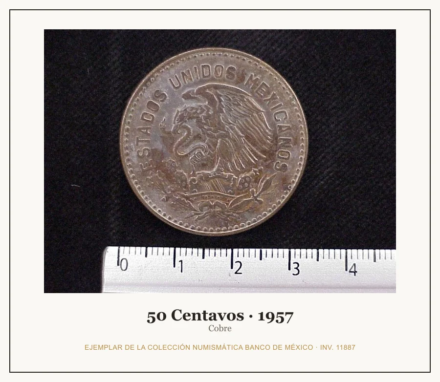 50 Centavos · 1957 — Ejemplar de la Colección Numismática Banco de México, inv. 11887