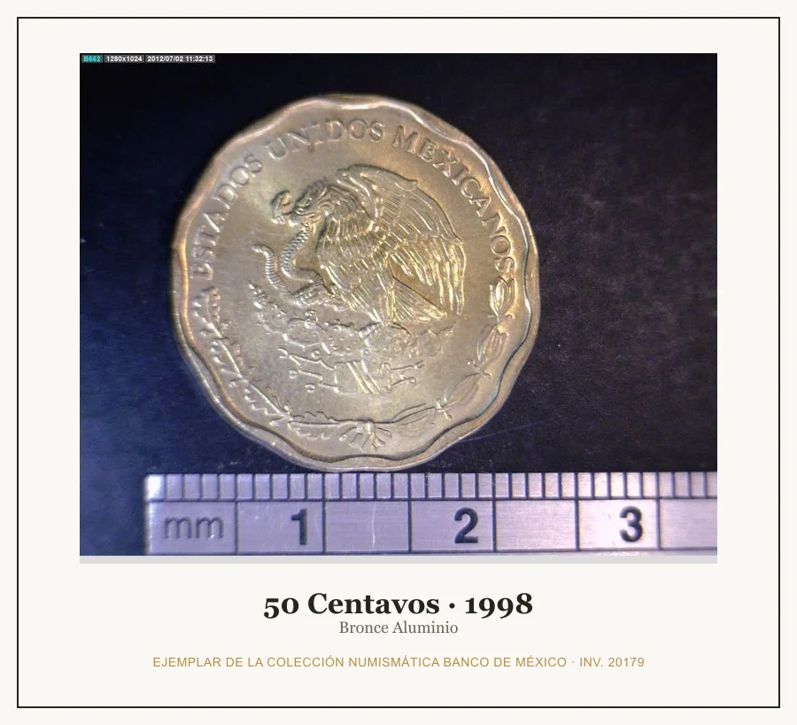 50 Centavos · 1998 — Ejemplar de la Colección Numismática Banco de México, inv. 20179