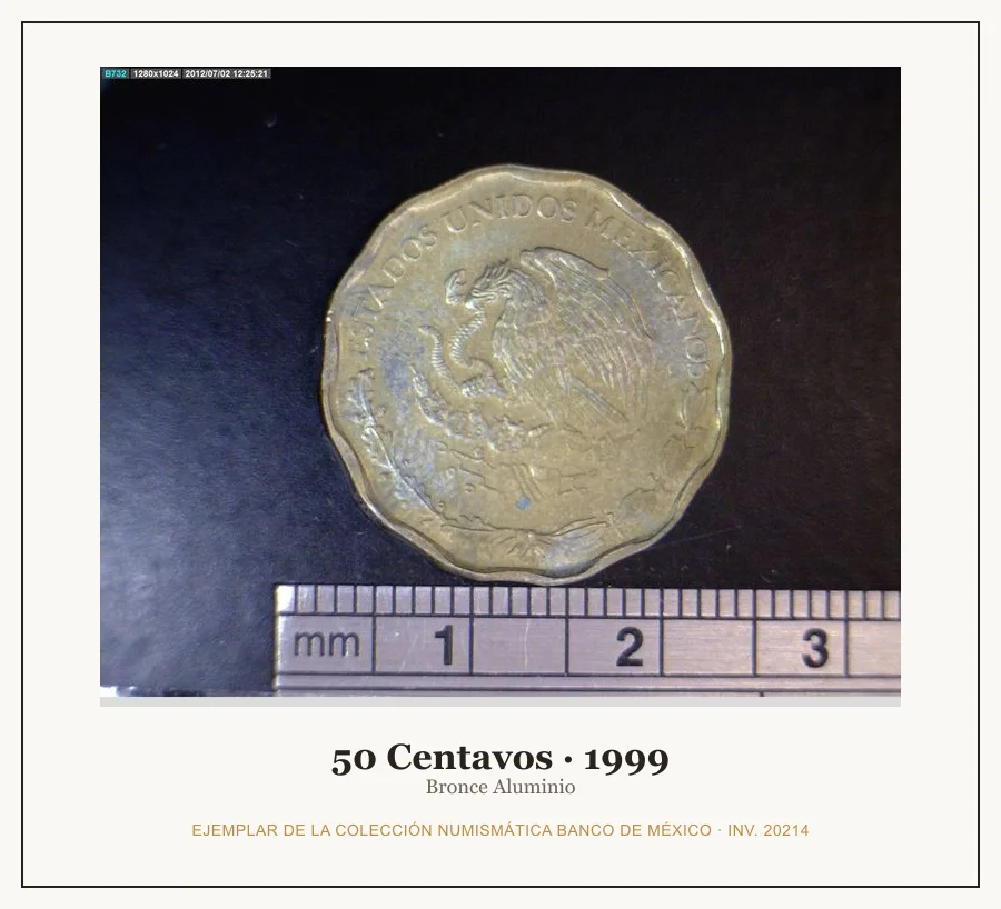 50 Centavos · 1999 — Ejemplar de la Colección Numismática Banco de México, inv. 20214