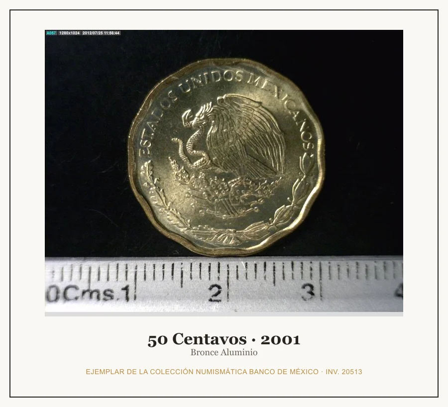 50 Centavos · 2001 — Ejemplar de la Colección Numismática Banco de México, inv. 20513