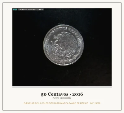 50 Centavos · 2016 — Ejemplar de la Colección Numismática Banco de México, inv. 23568