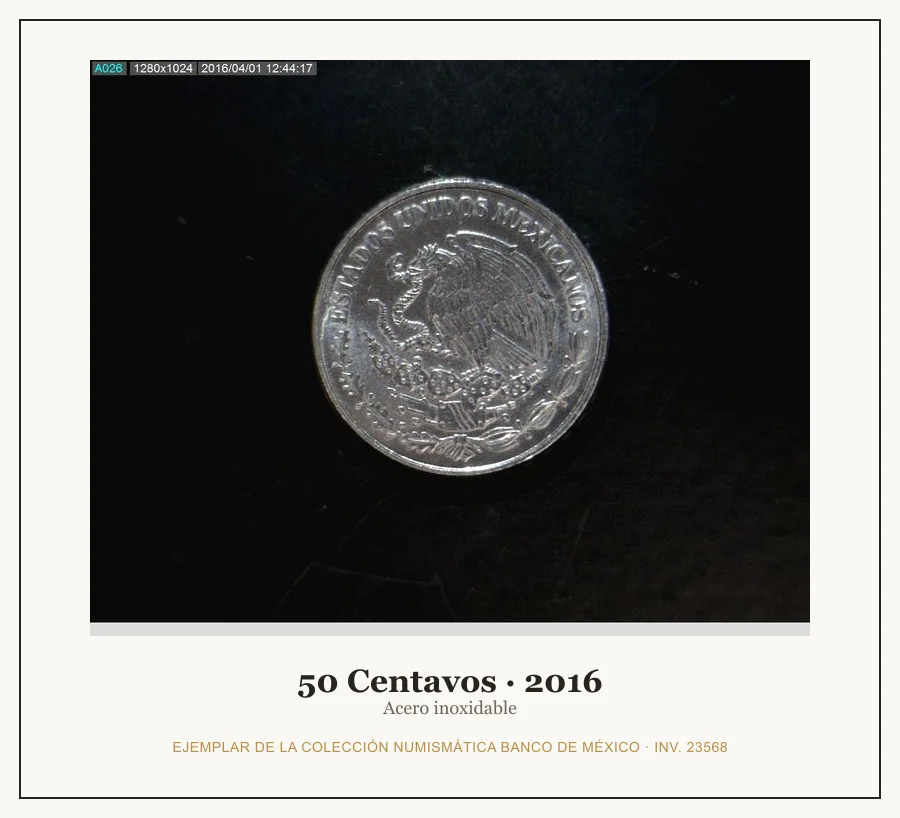 50 Centavos · 2016 — Ejemplar de la Colección Numismática Banco de México, inv. 23568