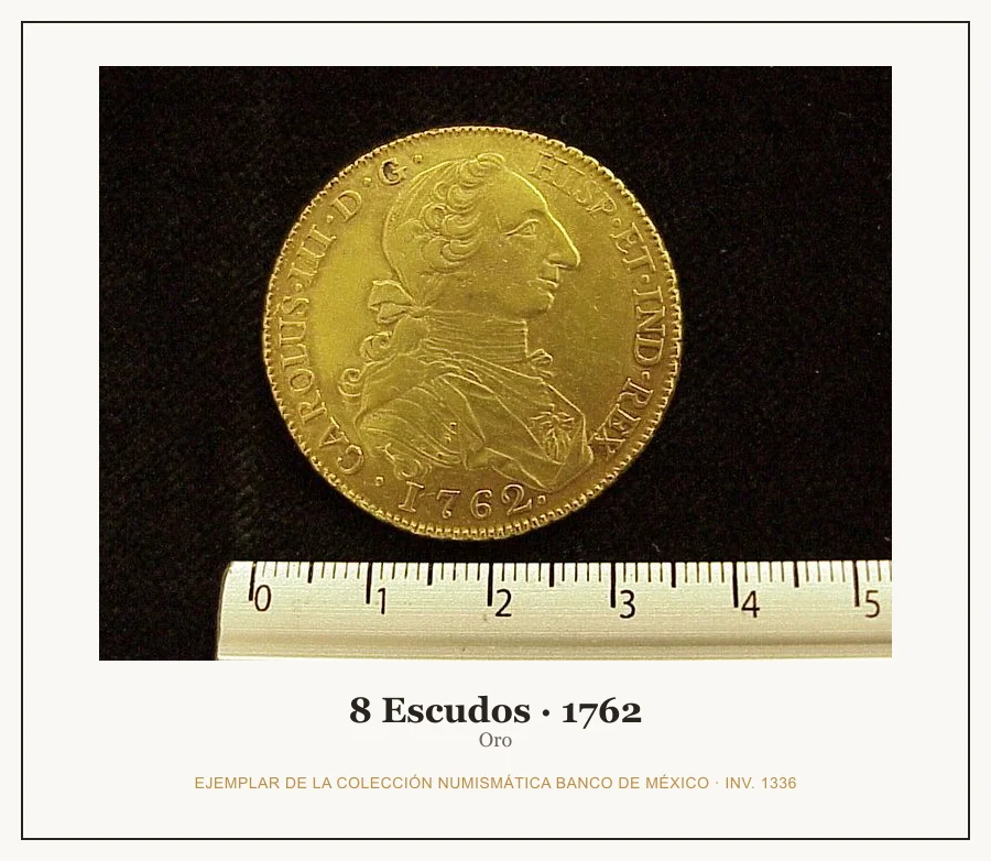 8 Escudos · 1762 — Ejemplar de la Colección Numismática Banco de México, inv. 1336