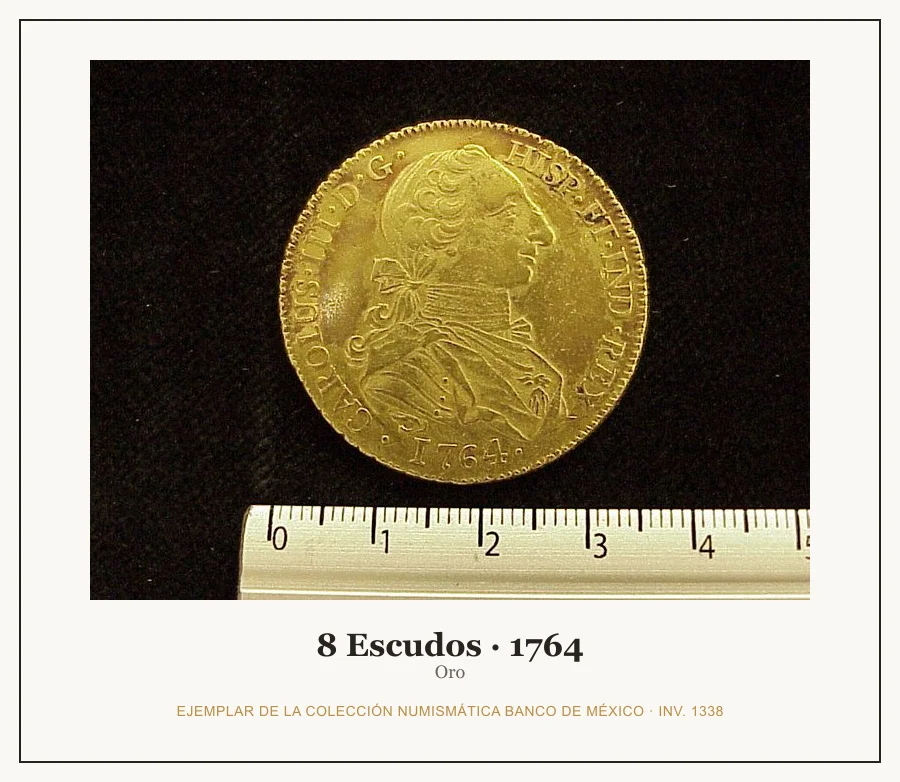 8 Escudos · 1764 — Ejemplar de la Colección Numismática Banco de México, inv. 1338