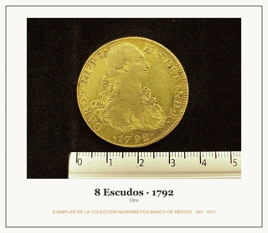 8 Escudos · 1792 — Ejemplar de la Colección Numismática Banco de México, inv. 1913