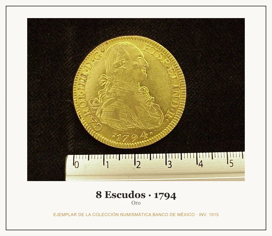 8 Escudos · 1794 — Ejemplar de la Colección Numismática Banco de México, inv. 1915