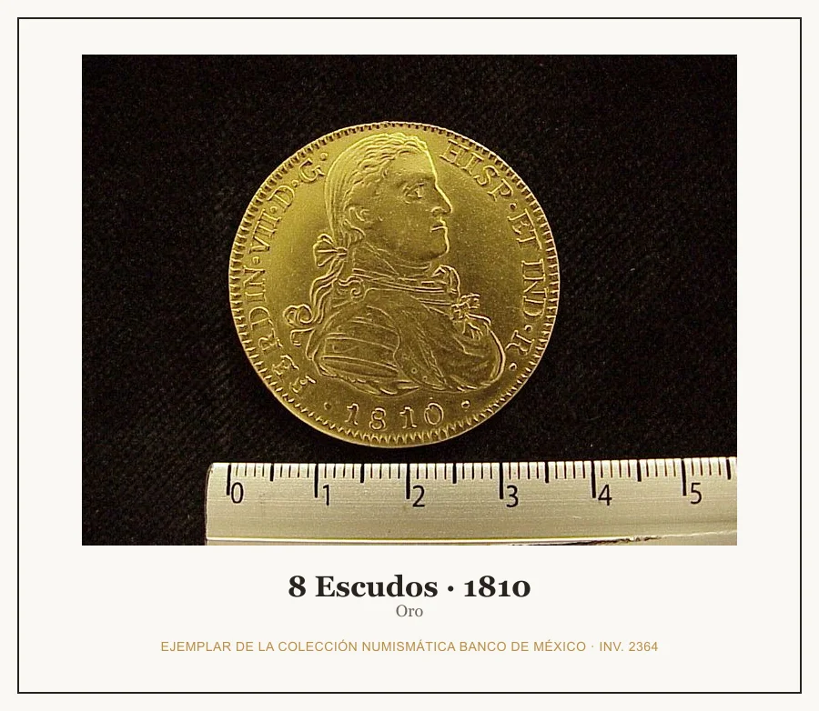 8 Escudos · 1810 — Ejemplar de la Colección Numismática Banco de México, inv. 2364