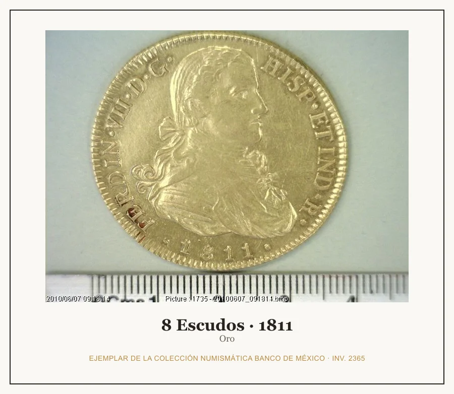 8 Escudos · 1811 — Ejemplar de la Colección Numismática Banco de México, inv. 2365