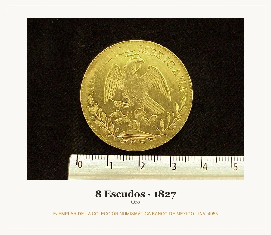 8 Escudos · 1827 — Ejemplar de la Colección Numismática Banco de México, inv. 4055