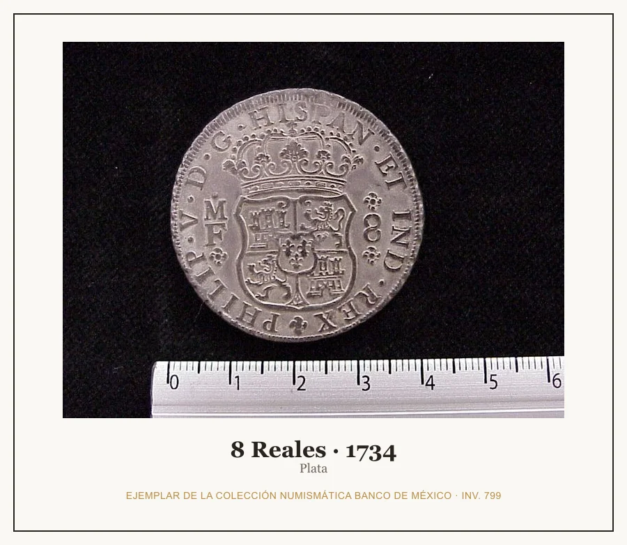8 Reales · 1734 — Ejemplar de la Colección Numismática Banco de México, inv. 799