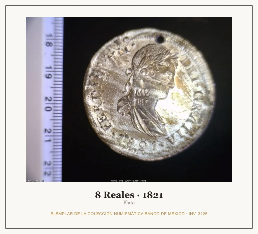 8 Reales · 1821 — Ejemplar de la Colección Numismática Banco de México, inv. 3125