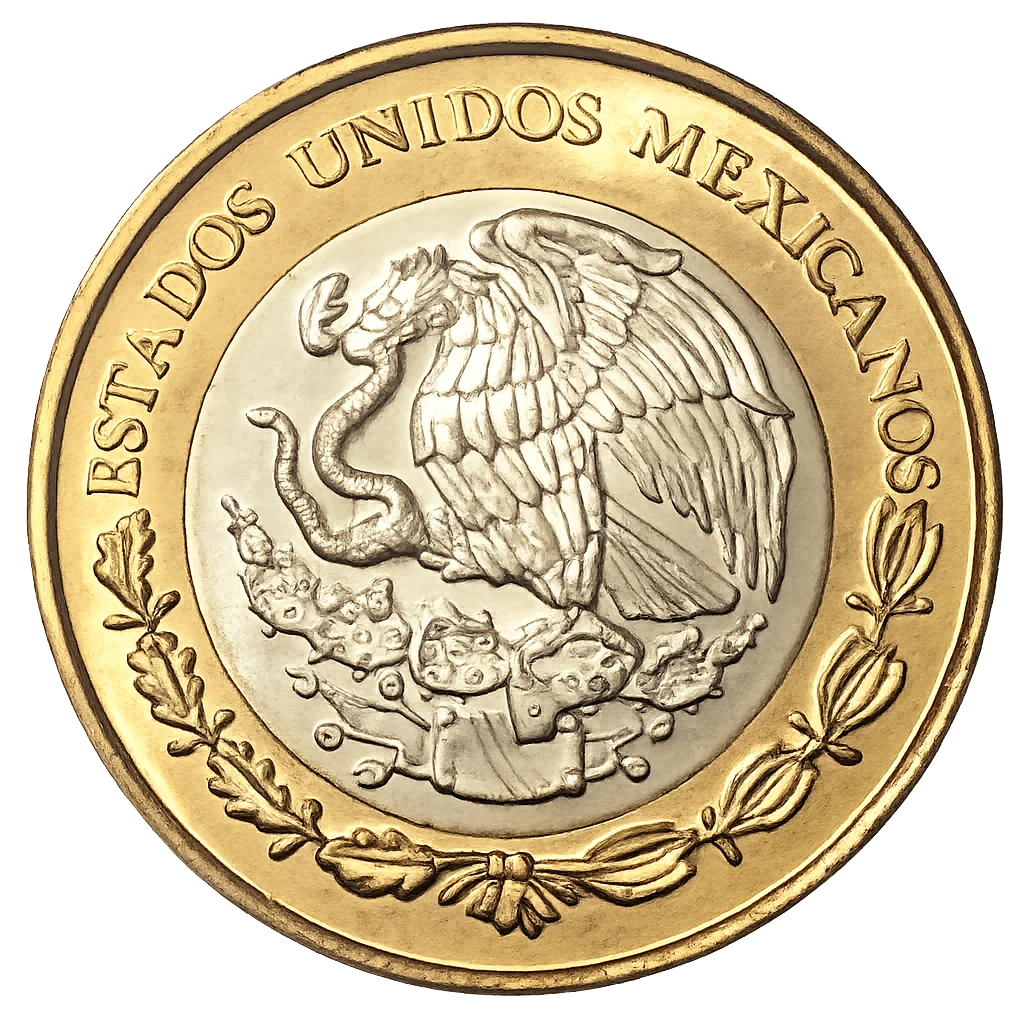 Anverso común familia bimetálica 20 pesos: Escudo Nacional con leyenda ESTADOS UNIDOS MEXICANOS