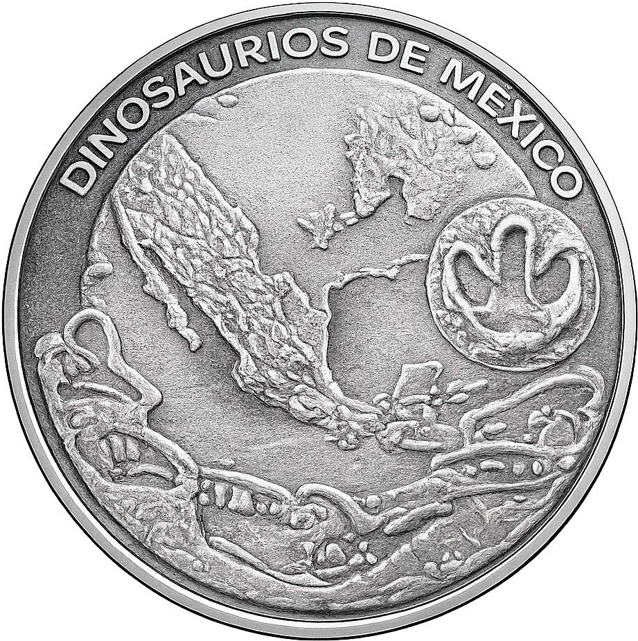 Anverso comun de la Coleccion Dinosaurios de Mexico de la Casa de Moneda: mapa de Mexico con relieve de fosiles y la leyenda DINOSAURIOS DE MEXICO
