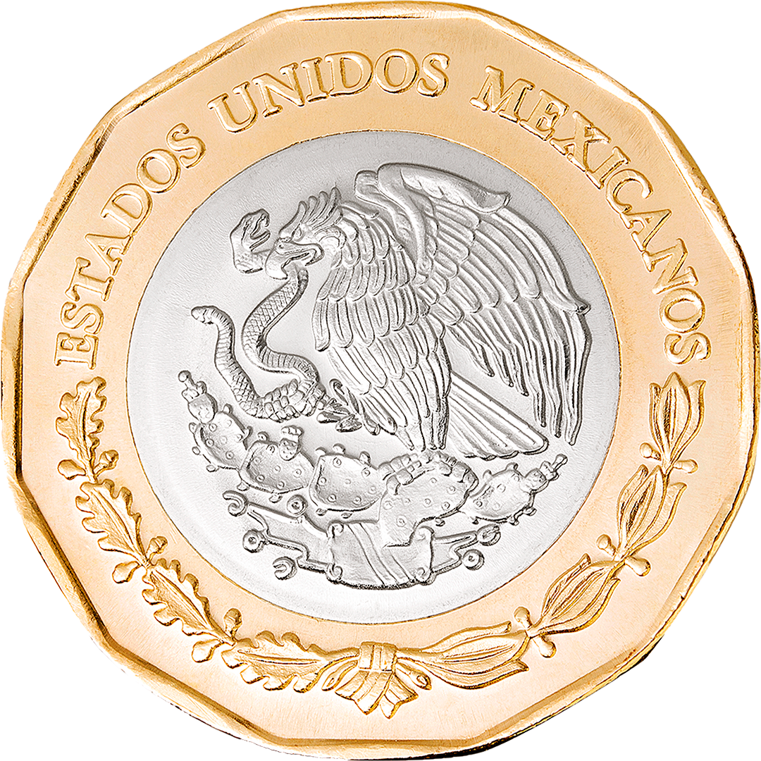 Anverso compartido bimetálica dodecagonal $20 con Escudo Nacional