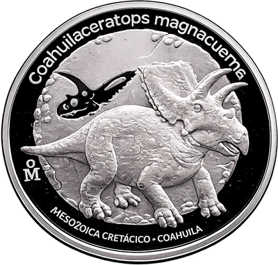 Medalla Coahuilaceratops magnacuerna · Dinosaurios de México (Casa de Moneda)